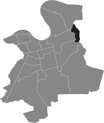 Black flat blank highlighted location map of the 
WALDHEIM DISTRICT inside gray administrative map of Offenbach am Main, Germany