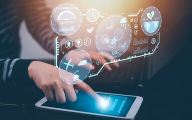 Man touch bar of energy worker interface, sustainable development with renewable energy icon,conservation of natural resources Environmental protection,electric car, powerplant, energy transmission