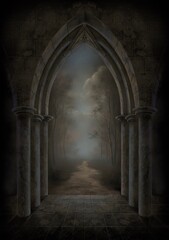 Gothic gateway in to a dark forest. Book cover design. Free-hand digital painting. Not AI