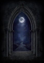 Obraz premium Gothic gateway in to dark forest with a full moon. Book cover design. Digital painting. 