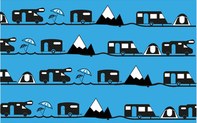 Arrière-plan vacances avec caravanes, camping-cars, tentes, montagne