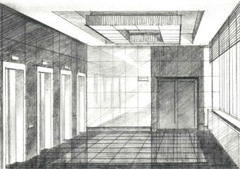 Pencil sketch of the interior of an elevator lobby Hand drawing, illustration