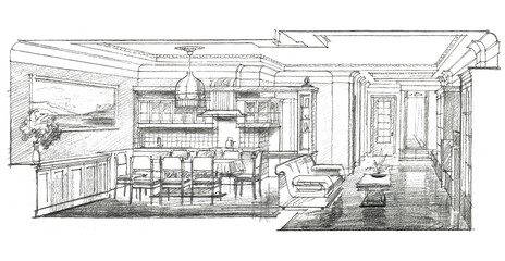 Pencil sketch of the interior of an apartment. Hand drawing, illustration