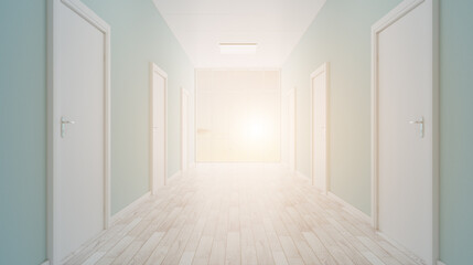The Corridor in office building. 3D rendering. Sunset