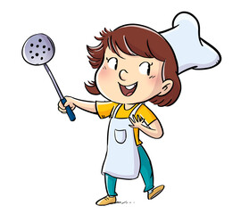 Illustration of cook girl with skimmer in hand