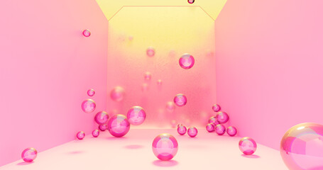 3d rendering. Abstract image of a bright room with glass balls on a background of translucent glass.