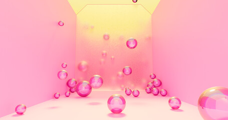 3d rendering. Abstract image of a bright room with glass balls on a background of translucent glass.