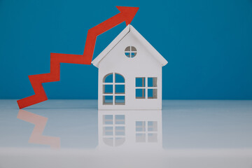 House model in a basket and red arrow up with cash. The concept of inflation and the growth price of insurance services