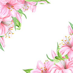 Handdrawn lily flowers frame boarder. Watercolor pink lily on the white background. Scrapbook design, typography poster, label, banner.