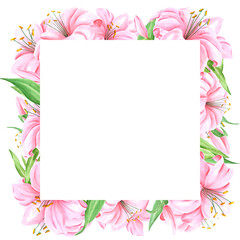 Handdrawn lily flowers frame boarder. Watercolor pink lily on the white background. Scrapbook design, typography poster, label, banner.