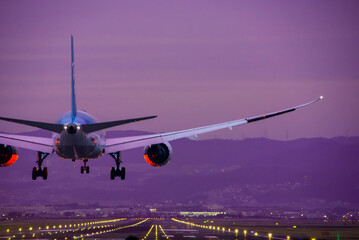 Fototapeta 夕暮れの飛行機のランディング obraz