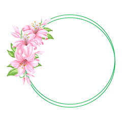 Handdrawn lily flowers frame boarder. Watercolor pink lily on the white background. Scrapbook design, typography poster, label, banner.