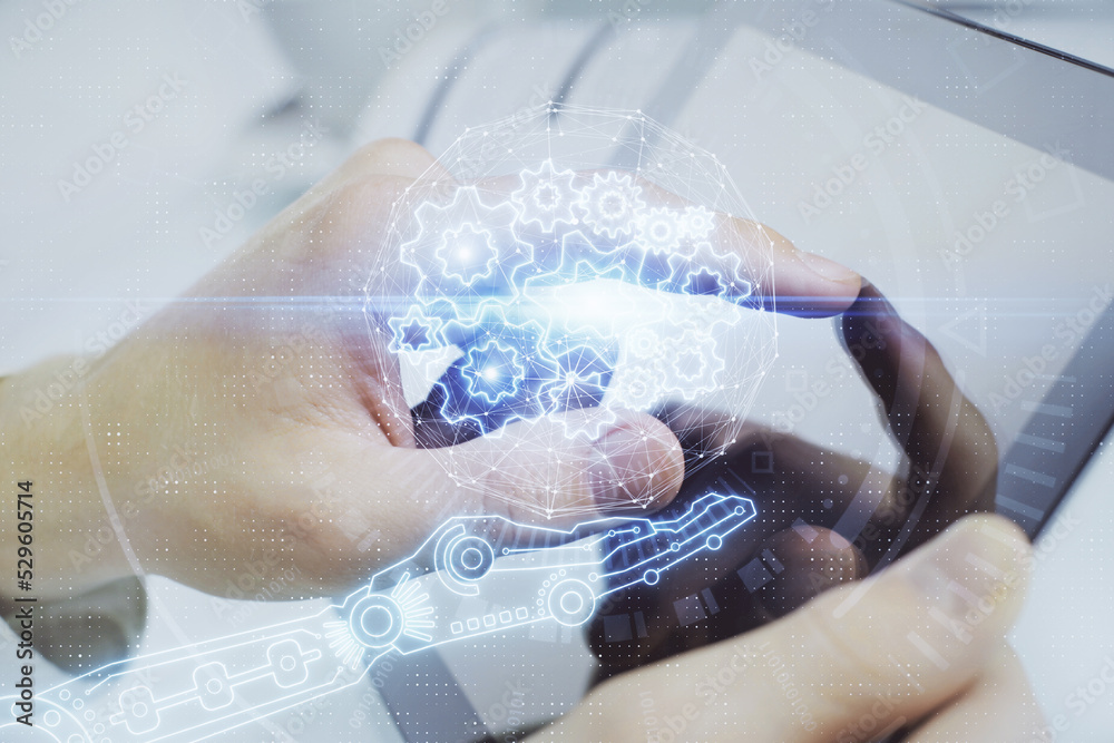 Aufkleber Multi exposure of man's hand holding and using a digital device and data theme drawing. Innovation concept.