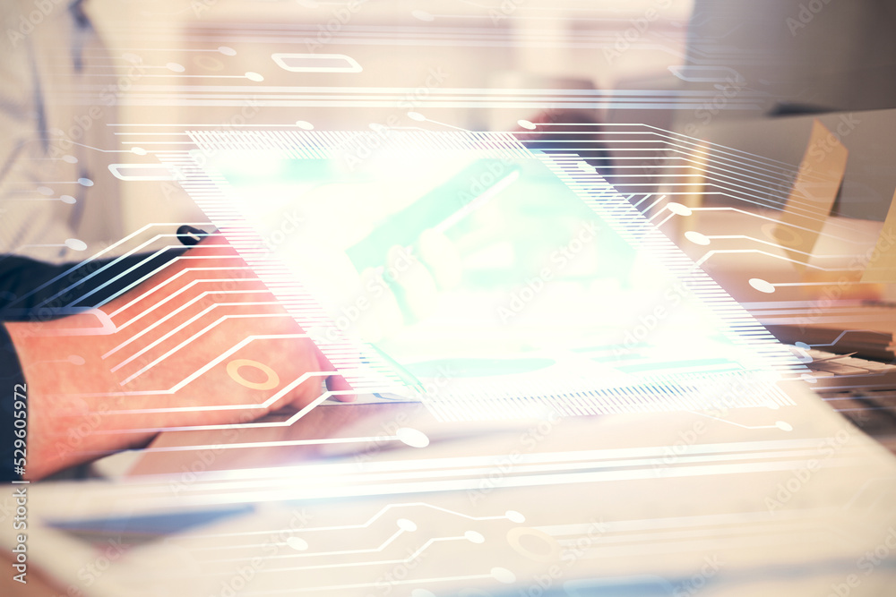 Aufkleber Multi exposure of man's hands holding and using a digital device and data theme drawing. Innovation concept.