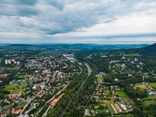 Fototapeta na wymiar Ustron Aerial View. Scenery of the town and health resort in Ustron on the hills of the Silesian Beskids. Poland.