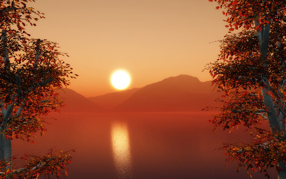 3D Autumn landscape with sunset sky
