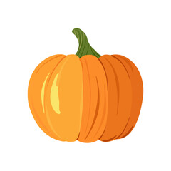 Pumpkin vector illustration. Ripe orange pumpkin vegetable, orange fruit, yellow-brown shade, green stem. Useful fruit, drawing isolated on white background. Menu, design element, logo, symbol, icon