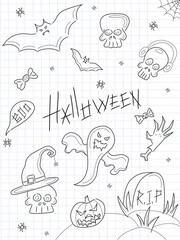 Halloween icons set. Doodles in vector. Freehand drawing on the theme of Halloween