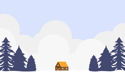 Winter landscape illustration with pine trees, clouds, and house. Winter wallpaper with flat style design. Winter illustration with cartoon style. Hello winter.