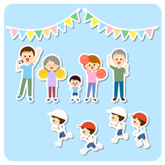 走る子どもの応援をする家族　白フチ