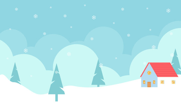 Winter landscape illustration with pine trees, clouds, and house. Winter wallpaper with flat style design. Winter illustration with cartoon style. Hello winter. © jxvxnism