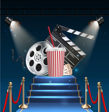 3d realistic vector icon illustration. Movie night concept background. With film roll, popcorn bucket and film clapping board.