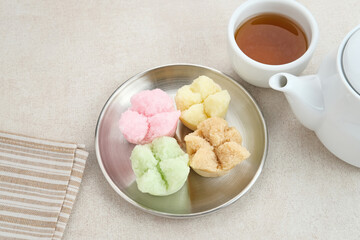 Kue Mangkok (Chinese fa gao) known as fortune cake, usually for Chinese New Year. Made from wheat flour and rice flour. Served on plate
