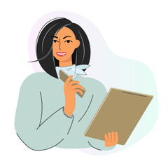Psychologist close-up. A business woman holds a tablet and a mobile phone in her hands. Cute girl works with documents. Isolated vector illustration. People of different professions. Web page templat