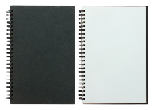 black and white spiral notebook isolated with clipping path for mockup