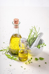 Tasty and healthy oil with virgin olive oil and herbs.