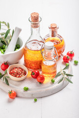 Delicious and healthy oil with herbs and dried tomatoes.