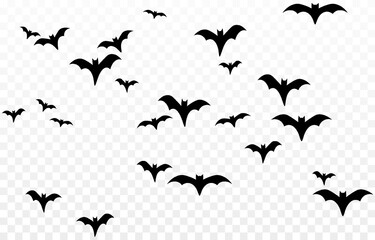 Vector set of bats on an isolated transparent background. Silhouette of bats PNG. Halloween bats PNG. Black bats. - obrazy, fototapety, plakaty