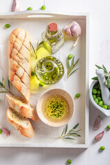 Cripsy and fresh bread with garlic, herbs and olive oil.