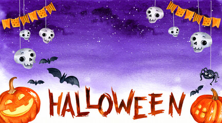 watercolour background of halloween theme with bats, scull, pumpkin, flags, hand drawn sketch