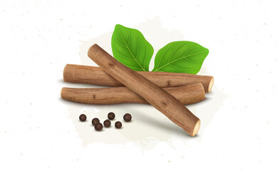 Ashwagandha Root dry sticks with green leaves and black pepper -vector illustration