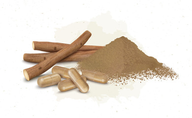 Ashwagandha Ayurvedic herbs dry stems with ashwagandha powder and capsule vector illustration