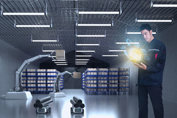 Cat robot for industry 4.0 3d render communication to people cybernetic manufacturing connection in factory automate in car dealership automation futuristic future cat toy intelligence 3d render