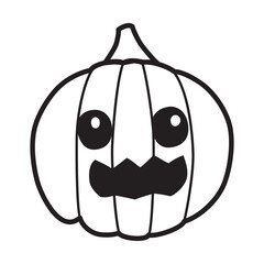 Doodle pumpkin, line art, black contour drawing. Halloween pumpkin with scary open mouth, spooky face. Magic symbol, icon, design element. Vector illustration isolated on white background