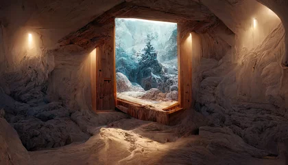 Rolgordijnen Huis gemaakt van sneeuw, houten ramen en deuren. Fantasiehuis, winterlandschap met sneeuw. Licht uit het raam. 3D illustratie. © MiaStendal