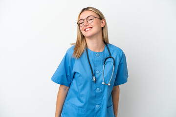 Young surgeon doctor woman isolated on white background laughing