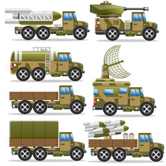 A set of military equipment. Side view. Isolated on white background. Vector illustration.