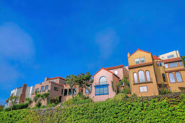 Scenic residential lanscape with colorful homes in San Francisco Califronia.