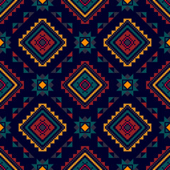 Pixel ikat ethnic seamless pattern decoration design. Aztec fabric carpet boho mandalas textile decor wallpaper. Tribal native motif flower traditional embroidery vector illustrated background 