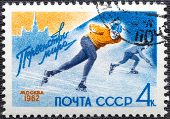 USSR - CIRCA 1962: Postage stamp issued in the Soviet Union dedicated to the Ice Skating...