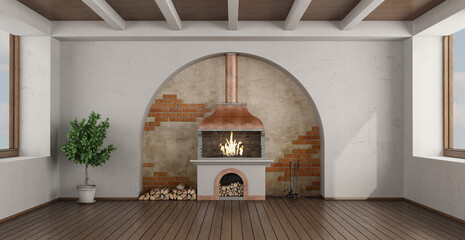 Naklejka premium Empty classic style room with fireplace in a arch wall