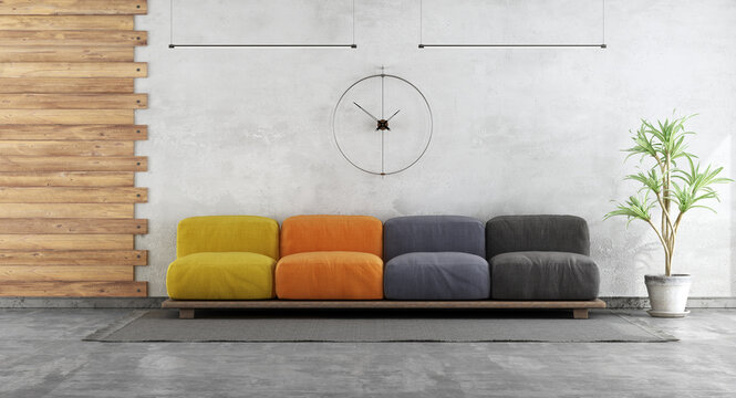 Minimalist living room with colorful sofa