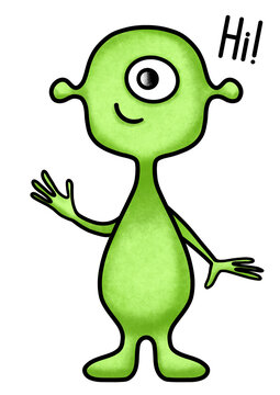 green alien on transparent background, cartoon illustration
