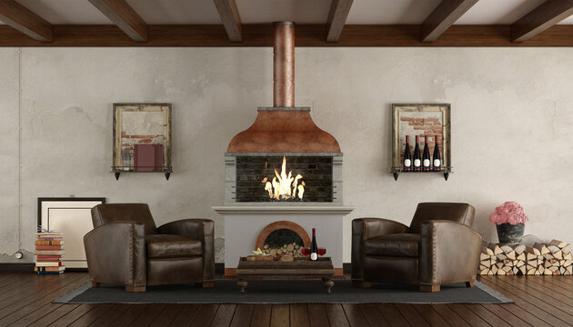 Classic style living room with fireplace and armchairs