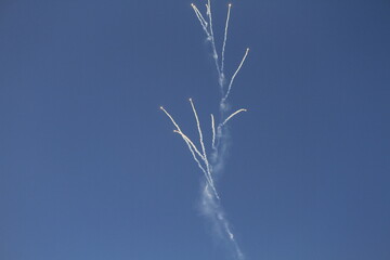f 16 fighter jet in Turkish Air Force aerobatic demonstration team which called Turkish Stars are flying on the sky for 9 September- Izmir Independence Day