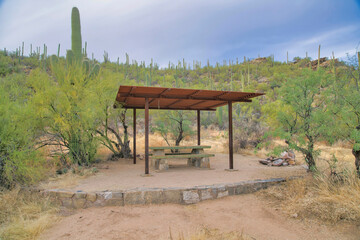 Picnic table for hikers under pergola at Sabino Canyon Sate Park in Arizona